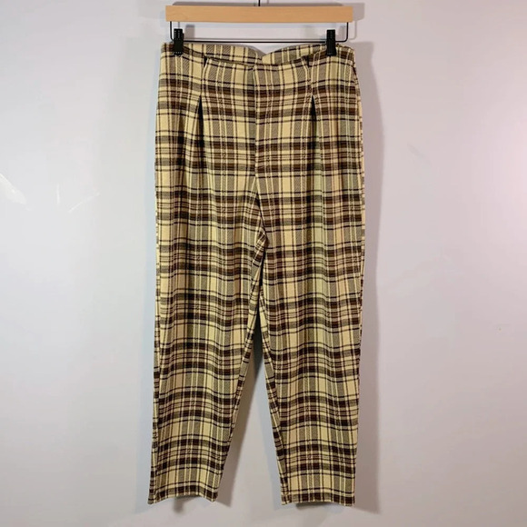 Free people cream brown plaid soft pleated loose fit fall pants trousers size s - Picture 1 of 12